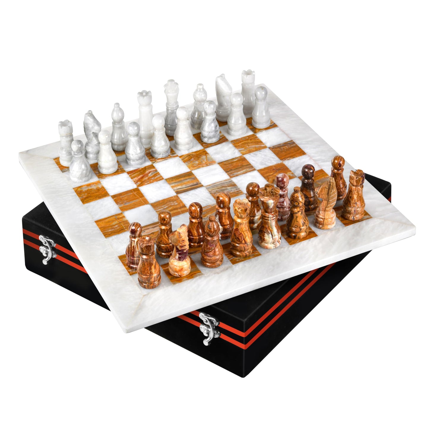 UMAID Handmade Marble Chess Set Board Game with Luxury Velvet Gift Box - 12” Elegant White & Brown Onyx Marble Chess Board Unique Chess Sets for Adults and Marble Home Decor