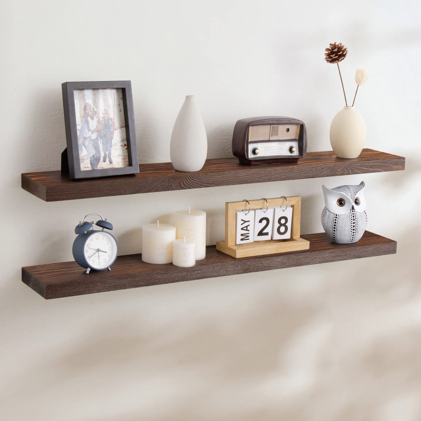 Fun Memories Handcrafted European Pine Floating Shelves - Natural Rustic Wooden Wall Shelf Set of 2 - Storage Shelf Display Shelf for Living Room Farmhouse - Dark Walnut - 36 Inch