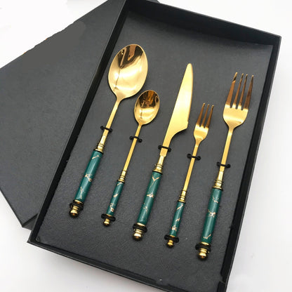 Gilded Stainless Steel Tableware with Ceramic Handle