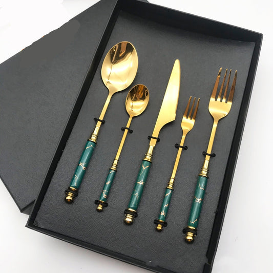 Gilded Stainless Steel Tableware with Ceramic Handle