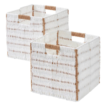 Ornavo Home Wicker Storage Cubes Bin 13 x 13 Inch Storage Cubes Shelf Basket Collapsible Natural Hand Woven Paper Kallax Storage Cube Bin with Handles - Set of 2 White/Brown