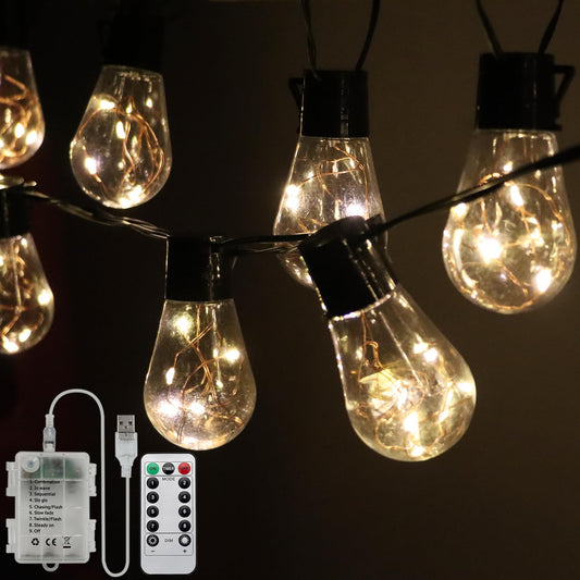 HUGSVIK 14Ft Battery Operated 20 Hanging Bulb 100 LED Indoor & Outdoor String Lights Vintage Commercial Battery Operated Outdoor Lights for Bedroom Patio Porch Balcony Christmas Party 8 Modes