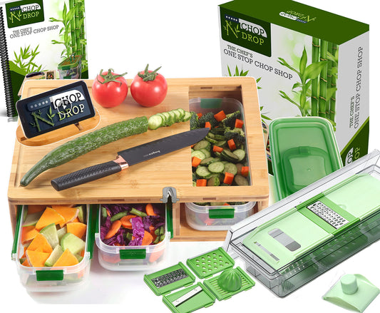Bamboo Cutting Board with Containers/Trays and Locking Lid - Includes Built-in Grater and New Knife Sharpener- Stackable For Easy Storage Food Prep