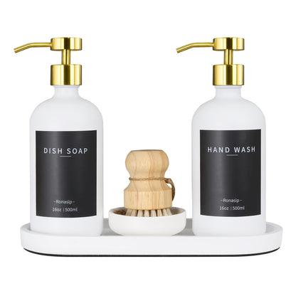 Ronasip Set of 5 Kitchen Soap Dispenser Set 16 Oz Glass Hand Dish Soap Dispenser with Stainless Steel Pump Cement Tray Dish Scrub Brush for Farmhouse Rustic Home Bathroom Decor (White)