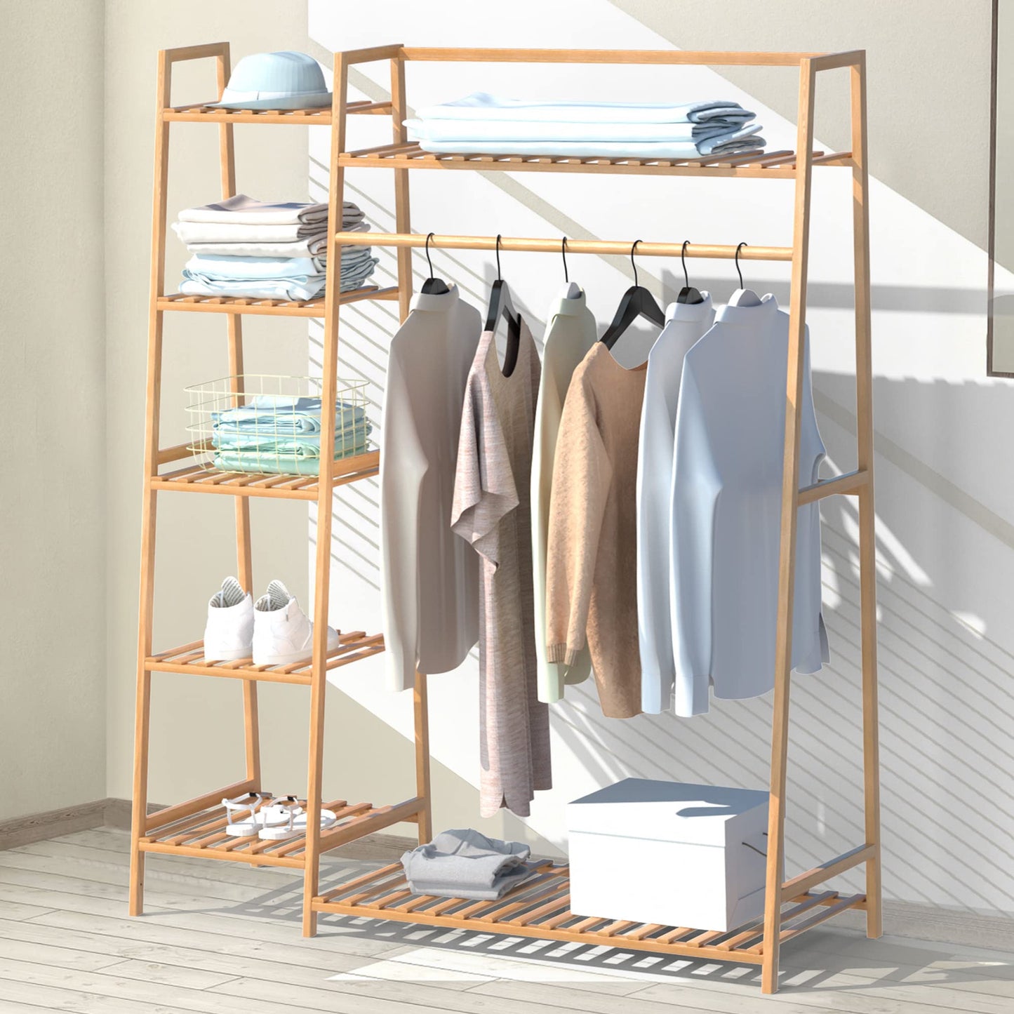 RELIANCER Bamboo Clothing Garment RackFree Standing Clothes Coat HangerCloset Organizer w/Shoe RackMulti-tiered Wardrobe Storage ShelvesClothes Hanging Rack for HallLiving RoomBedroomEntryway