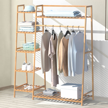 RELIANCER Bamboo Clothing Garment RackFree Standing Clothes Coat HangerCloset Organizer w/Shoe RackMulti-tiered Wardrobe Storage ShelvesClothes Hanging Rack for HallLiving RoomBedroomEntryway