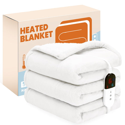 PTQ Electric Heated BlanketFlannel & Sherpa Heated Throw Blanket 50"x60"Fast Heating Soft Fleece Blanket with 6 Heating Levels & 4H Auto Off-White
