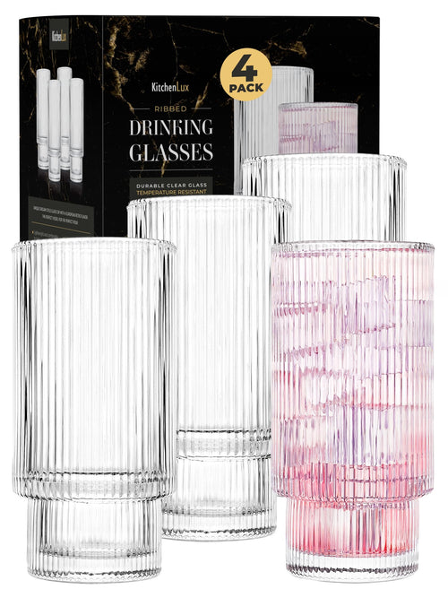 Kitchen Lux Ribbed Drinking Glasses - Ribbed Glass Cups 12 oz - Ribbed Glassware Set of 4 - Textured Vintage Retro Ripple Aesthetic Glass Ware for Whiskey Cocktail Beer Water Coffee Bar Accessories