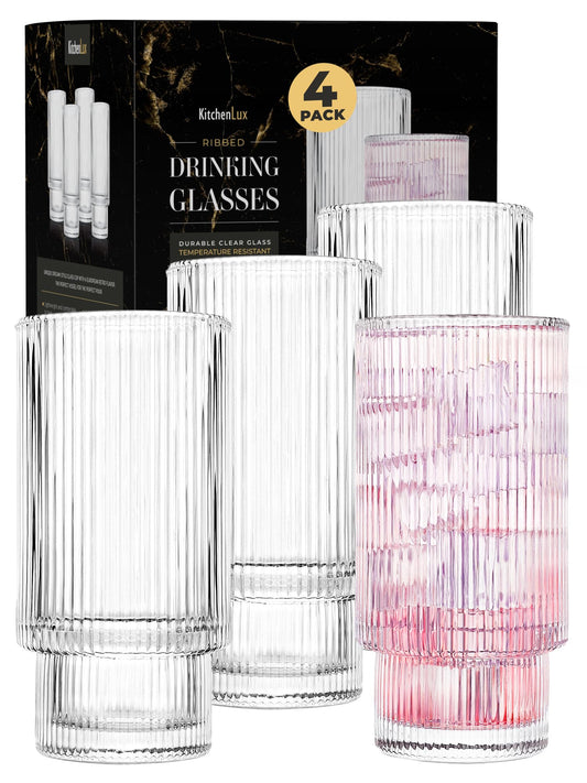 Kitchen Lux Ribbed Drinking Glasses - Ribbed Glass Cups 12 oz - Ribbed Glassware Set of 4 - Textured Vintage Retro Ripple Aesthetic Glass Ware for Whiskey Cocktail Beer Water Coffee Bar Accessories