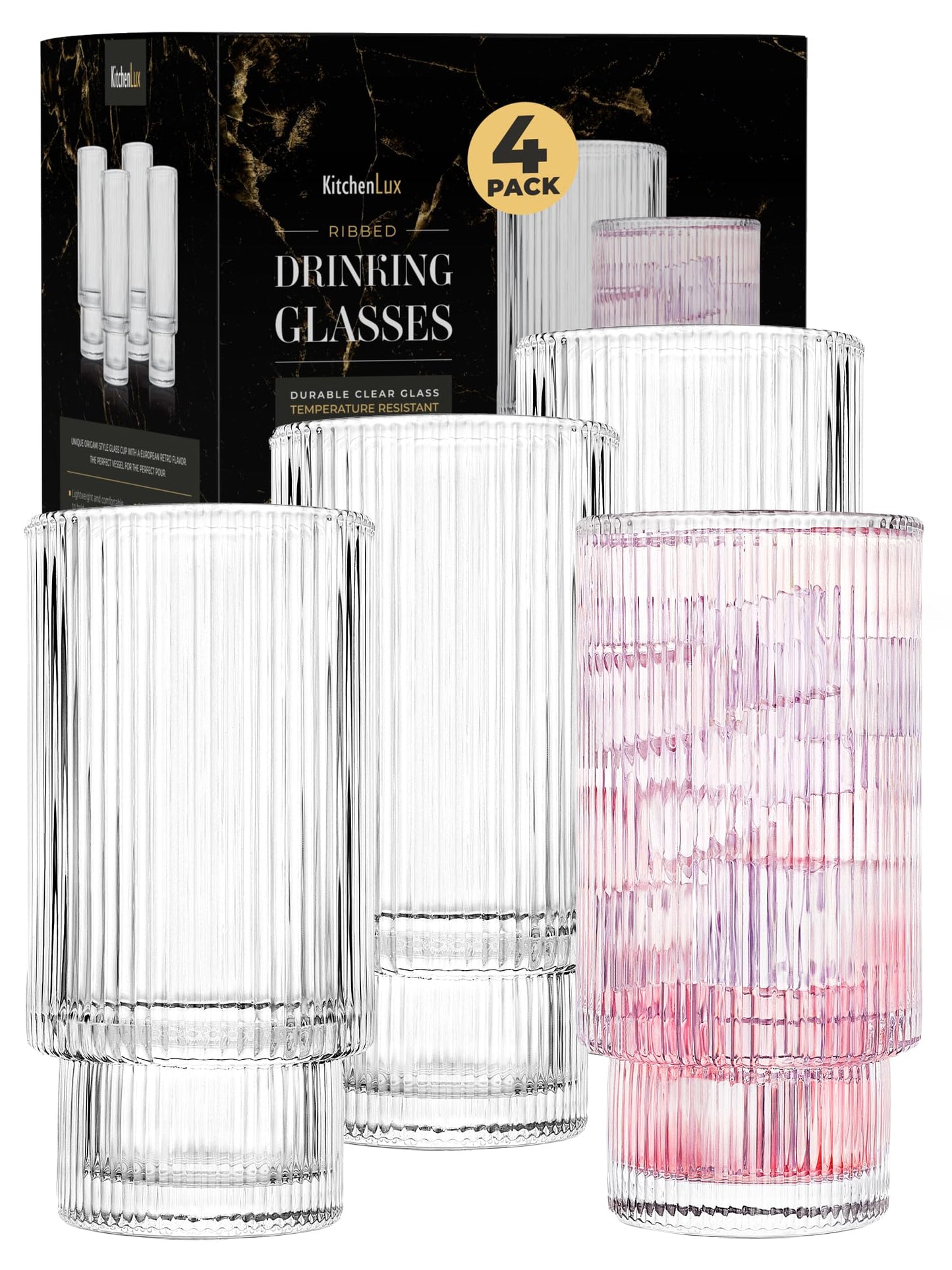 Kitchen Lux Ribbed Drinking Glasses - Ribbed Glass Cups 12 oz - Ribbed Glassware Set of 4 - Textured Vintage Retro Ripple Aesthetic Glass Ware for Whiskey Cocktail Beer Water Coffee Bar Accessories