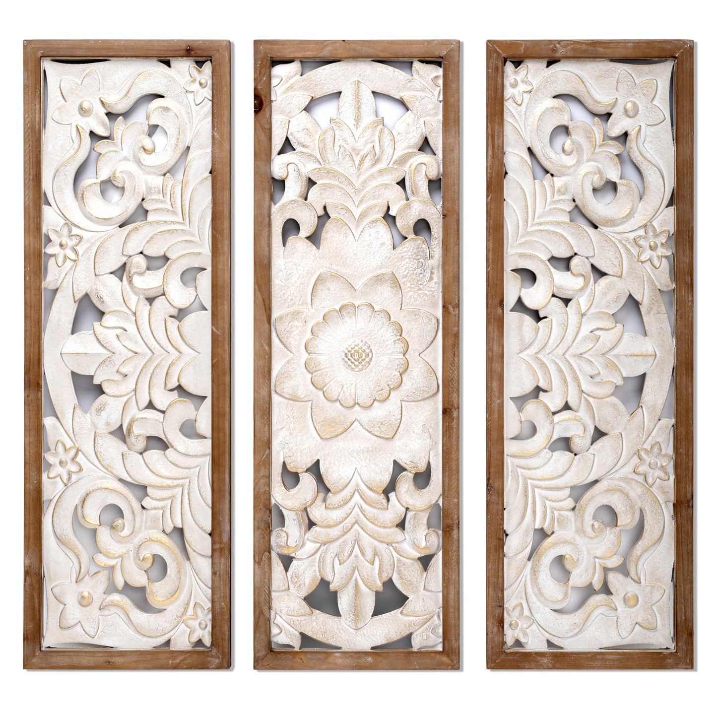 SHOXREM Carved Floral Wooden Wall Decor - Golden wash white wood wall art Handmade Decorative Wall Panels for Living Room or Entrance Overall Dimensions 24" W x 24" H