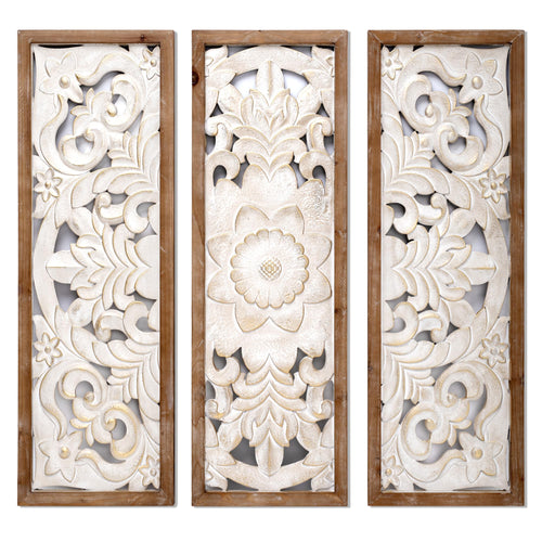 SHOXREM Carved Floral Wooden Wall Decor - Golden wash white wood wall art Handmade Decorative Wall Panels for Living Room or Entrance Overall Dimensions 24" W x 24" H