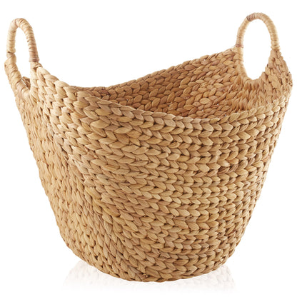 Casafield Large Laundry Boat Basket with Handles - Natural Woven Water Hyacinth Multipurpose Storage Organizer for Throw Blankets Bathroom Bedroom Living Room