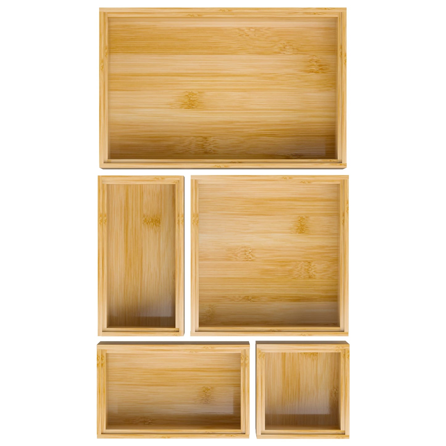 Bamboo Bathroom Drawer Organizer Dividers Wooden Kitchen Utensil Holder Set of 5 Stackable Junk Drawer Organizer Tray Multi-Use Storage Bins Boxs for Home Office Clothing Makeup Jewelry