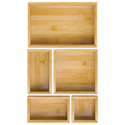 Bamboo Bathroom Drawer Organizer Dividers Wooden Kitchen Utensil Holder Set of 5 Stackable Junk Drawer Organizer Tray Multi-Use Storage Bins Boxs for Home Office Clothing Makeup Jewelry