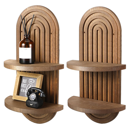 Wenqik 2 Pcs Boho Wall Shelf Rainbow Arch Wooden Floating Shelf Mid Century Wall Shelves Bohemian Hanging Shelf Double Vintage Wall Mount Altar Decor for Nursery Bedroom 15.75 x 6.69 Inches(Brown)