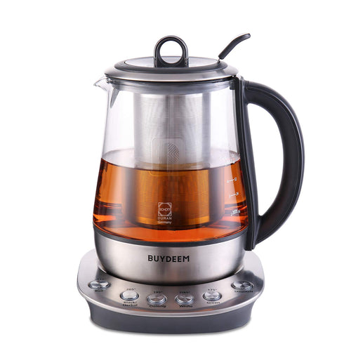 BUYDEEM K2423 Tea Maker Durable 316 Stainless Steel & German Schott Glass Electric Kettle Removable Infuser Auto Keep Warm BPA Free 1.2L