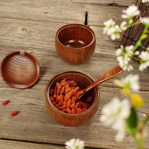 Jujube Wooden Salt Jar with Lid and Spoon