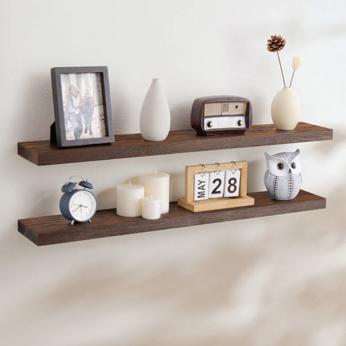 Fun Memories Handcrafted European Pine Floating Shelves - Natural Rustic Wooden Wall Shelf Set of 2 - Storage Shelf Display Shelf for Living Room Farmhouse - Dark Walnut - 36 Inch