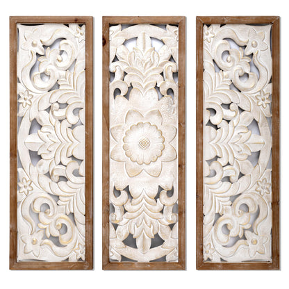 SHOXREM Carved Floral Wooden Wall Decor - Golden wash white wood wall art Handmade Decorative Wall Panels for Living Room or Entrance Overall Dimensions 24" W x 24" H