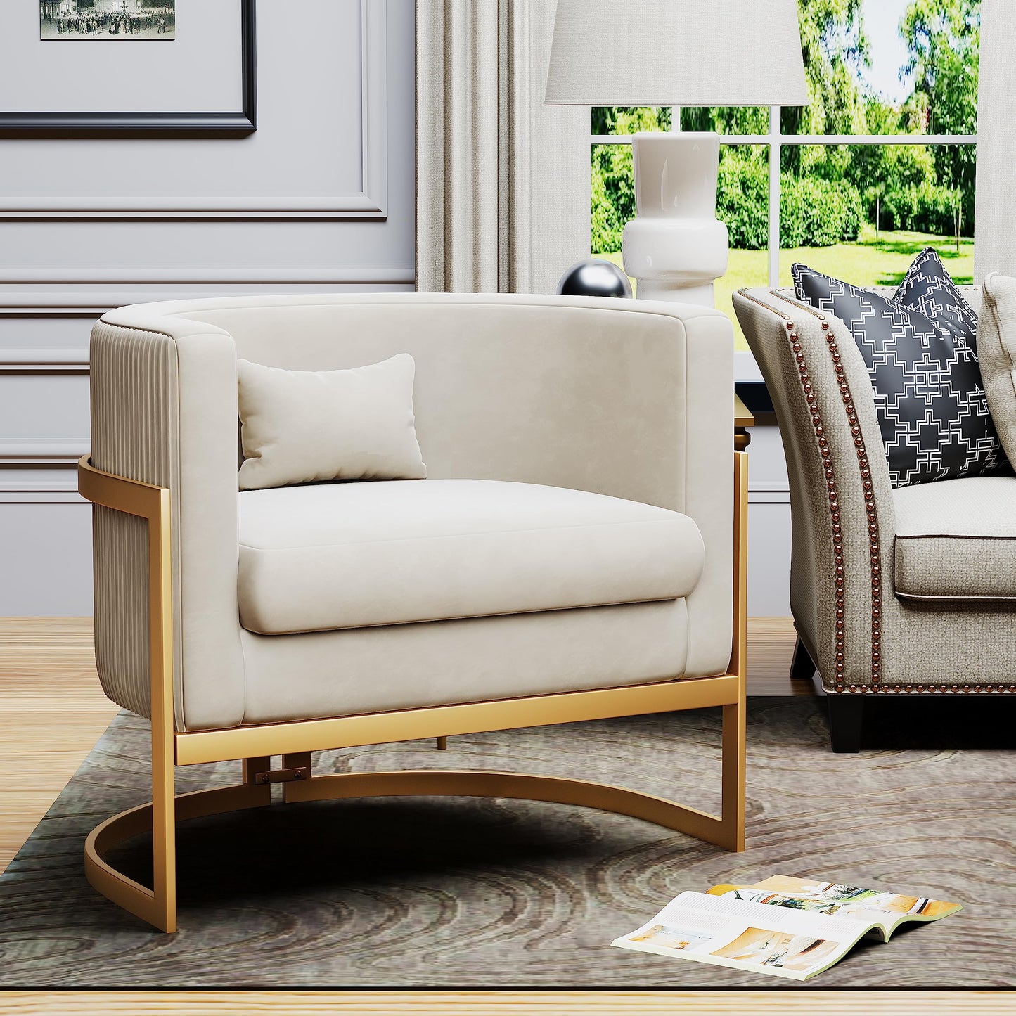 Apeaka Velvet Accent Chair Modern Barrel Chair with Gold Legs Upholstered Armchair for Bedroom Living Room Sofa Chair Club Side Chairs Ivory