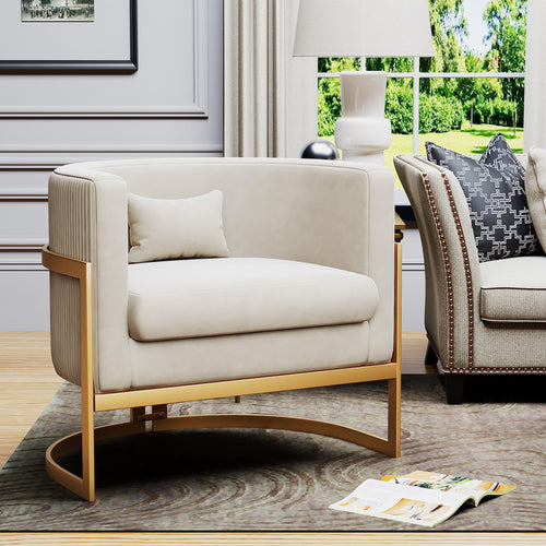 Apeaka Velvet Accent Chair Modern Barrel Chair with Gold Legs Upholstered Armchair for Bedroom Living Room Sofa Chair Club Side Chairs Ivory