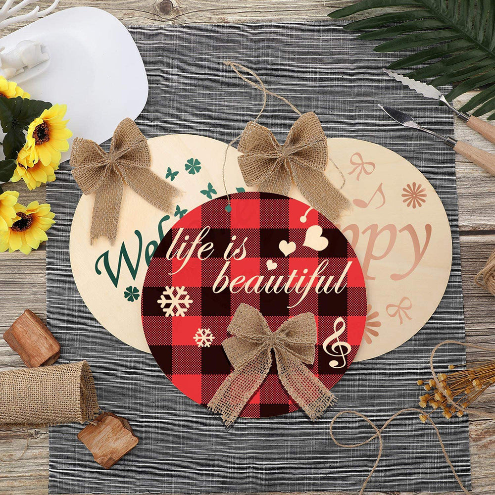 Christmas Wooden Circle Sign with Rope and Bowknot