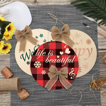 Christmas Wooden Circle Sign with Rope and Bowknot